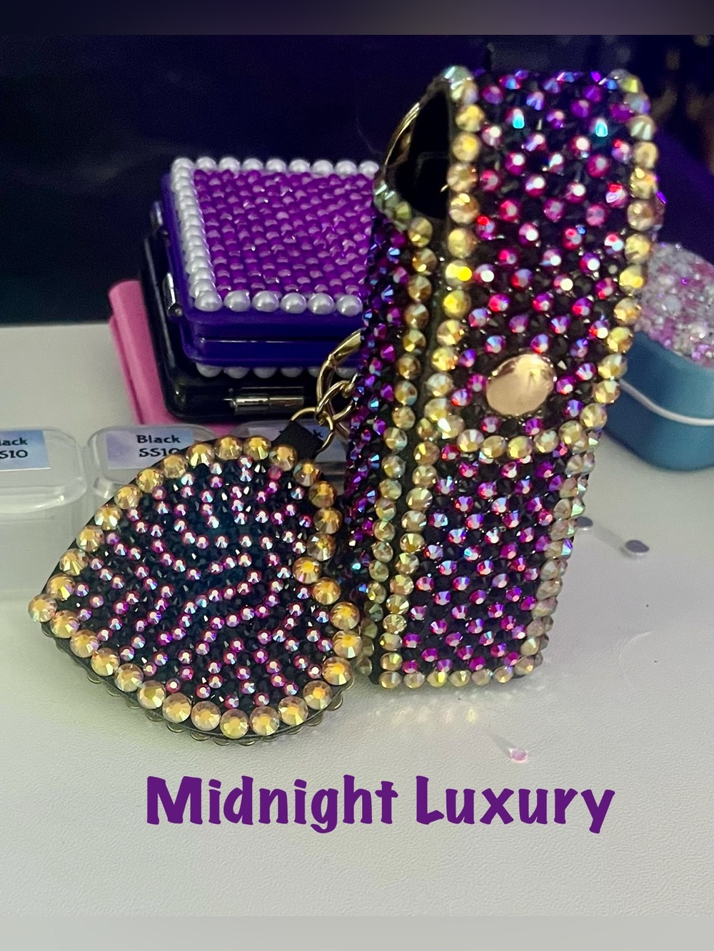 Hand Crafted Midnight Luxury Crystal Lipstick Holder and Mirror Keychain
